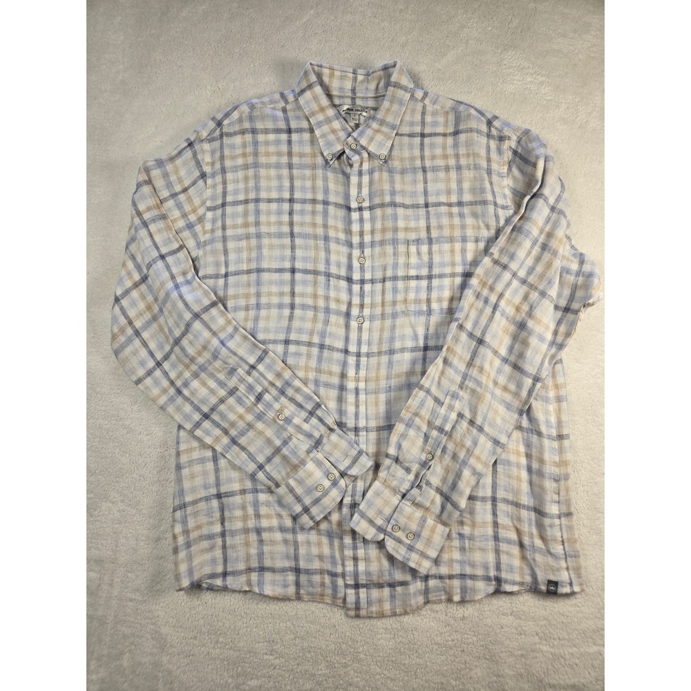 Peter Millar Mens Linen Plaid Button Down Shirt Blue Tan Size L Summer Coastal